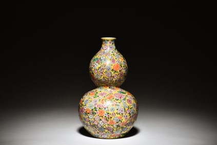 FAMILLE ROSE 'HUNDRED FLOWERS' DOUBLE GOURD VASE