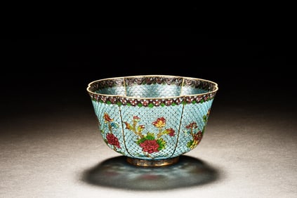 CLOISONNE ENAMELED AND GLASS LOBED 'FLOWERS' BOWL