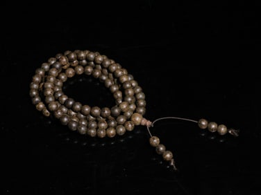 ALOE WOOD CARVED ROUND BEAD PRAYER NECKLACE WOOD LACQUERED AND MOTHER-OF-PEARL DECORATED RECTANGULAR