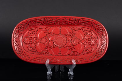 CINNABAR LACQUER CARVED 'FLOWERS' DISH