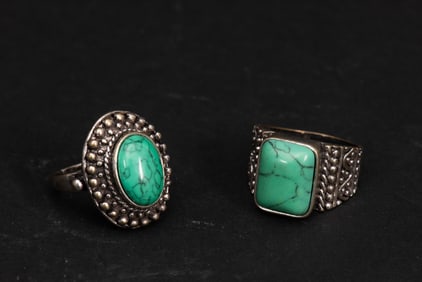 SET OF TWO TURQUOISE INSET SILVER RINGS