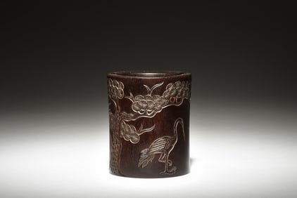 ZITAN WOOD CARVED 'CRANES' BRUSH POT