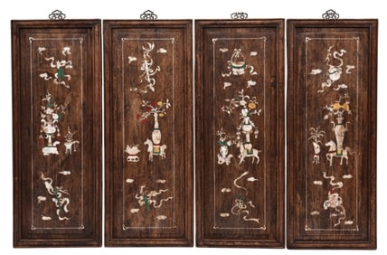 SET OF FOUR APPLIQUE INLAID 'EIGHT TREASURES' PLAQUES