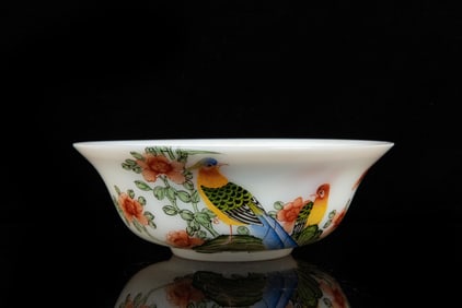 WHITE GLASS 'FLOWERS AND BIRDS' BOWL