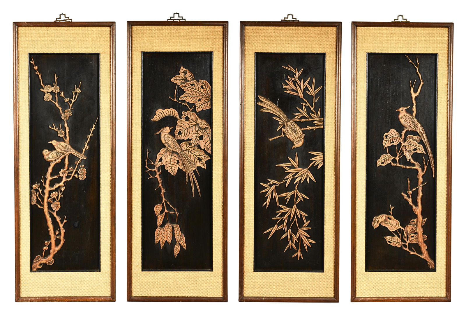 FOUR WOOD CARVED AND FRAMED 'FLOWERS AND BIRDS' PLAQUES (1 of 5)