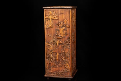 BAMBOO CARVED RECTANGULAR 'LANDSCAPE SCENERY' BRUSH POT