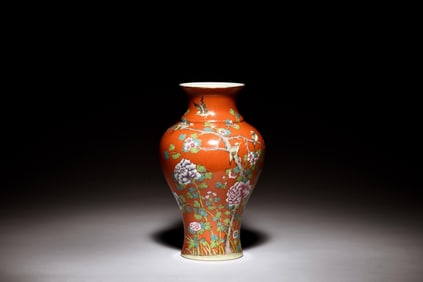 FAMILLE ROSE AND RED GROUND 'FLOWERS' VASE