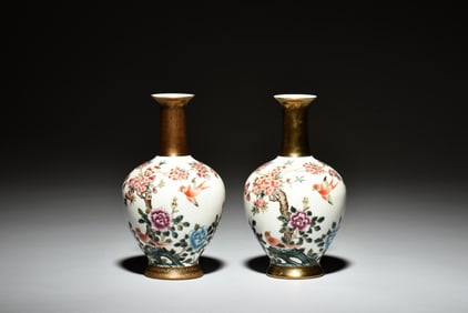 PAIR OF FAMILLE ROSE 'FLOWERS AND BIRDS' VASES
