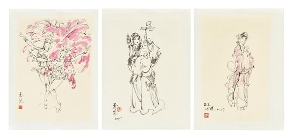CHEN YUXIAN: THREE INK AND COLOR ON PAPER SKETCHES