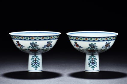 PAIR OF DOUCAI 'EIGHT TREASURES' STEM CUPS