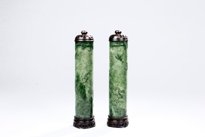PAIR OF CARVED NEPHRITE JADE CRICKET BOTTLES