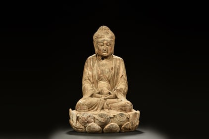 LARGE WOOD CARVED SHAKYAMUNI BUDDHA