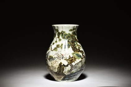 FAMILLE ROSE 'CRANES' LOBED VASE