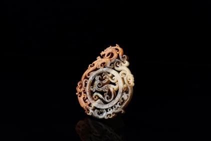 JADE OPENWORK CARVED 'DRAGON' DISC ORNAMENT, BI
