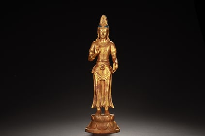 GILT BRONZE STANDING AVALOKITESHVARA FIGURE