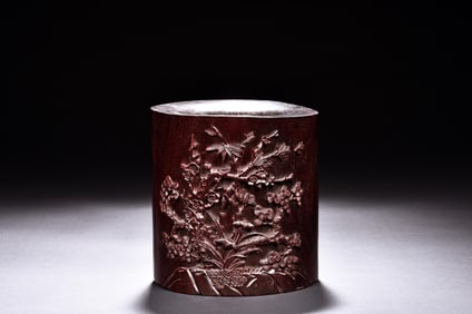 ZITAN WOOD CARVED 'WINTER PLANTS' BRUSH POT
