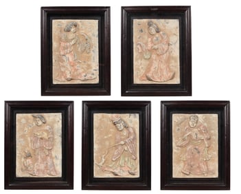 GROUP OF FIVE FRAMED 'PEOPLE' STONE WALL MURAL