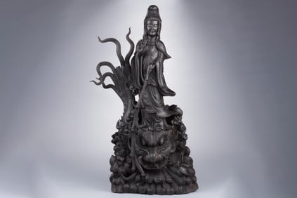 LARGE ZITAN WOOD CARVED GUANYIN FIGURAL GROUP