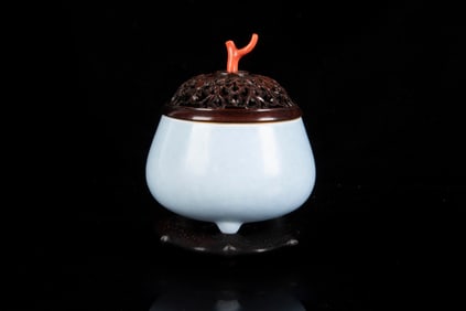 BLUE GLAZED TRIPOD JAR WITH CORAL DECORATED WOODEN LID, STAND, AND BOX