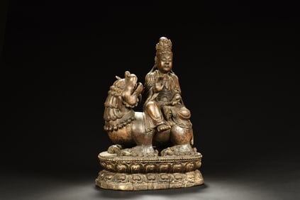 WOOD CARVED GUANYIN AND BEAST FIGURE
