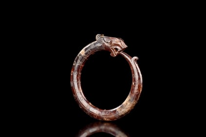 RED JADE CARVED 'DRAGON' ROUND BANGLE