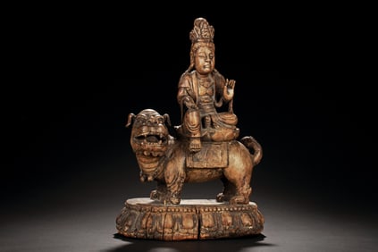 WOOD CARVED GUANYIN AND BEAST FIGURE