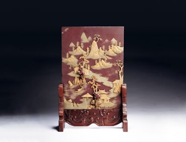 A CARVED CHINESE "DUAN" STONE TABLE SCREEN