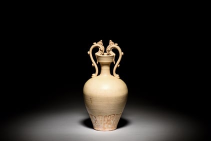 WHITE GLAZED BOTTLE VASE WITH RAISED HANDLES