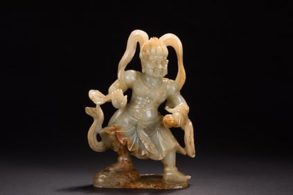 CELADON JADE CARVED WRATHFUL DEITY