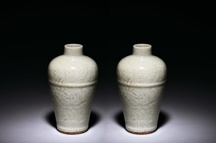 PAIR OF CELADON GLAZED AND IMPRESSED VASES, MEIPING