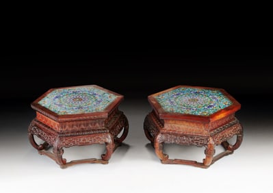 A PAIR OF LARGE CHINESE WOOD STANDS WITH CLOISONNE TOP