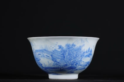 QING DYNASTY YONGZHENG ENAMEL BLUE LANDSCAPE PAVILION TEA BOWL