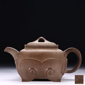 YANG PENGNIAN STYLE PURPLE CLAY RUYI PATTERN SQUARE POT
