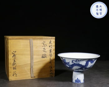 RETURN "DA MING XUANDE PERIOD" STYLE HAND-PAINTED BLUE AND WHITE DRAGON PATTERN HIGH-FOOT BOWL