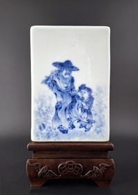 20TH C WANG BU BLUE & WHITE SQUARE PORCELAIN BRUSH POT