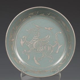 SONG RU KILN AZURE GLAZE SILVER ANIMAL PATTERN PLATE