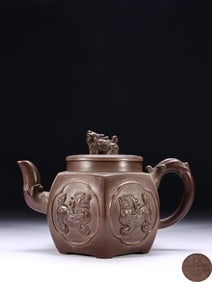 SHAO YOULAN STYLE PURPLE CLAY OPEN WINDOW PILED LION PATTERN HEXAGONAL PURPLE CLAY POT