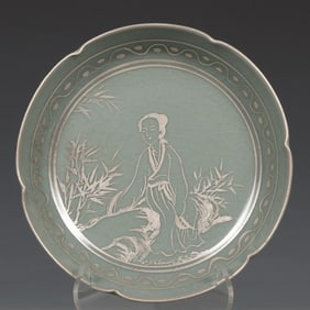 SONG RU KILN AZURE GLAZE SILVER PAINTING FIGURE KWAI MOUTH PLATE
