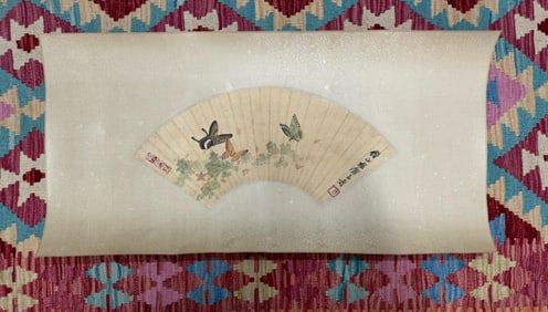 QI BAISHI HAND PAINTING FLOWER BUTTERFLY MOUNTED PAPER