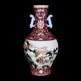 QING QIANLONG PASTEL CHARACTER STORY GRAIN DOUBLE EAR BOTTLE