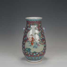 FAMOUS-COLORED ELEPHANT-EARED VASE WITH STORY OF FIGURES
