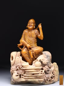 QING DYNASTY. YUANZHU SHOUSHAN TIANHUANG STONE CARVED ARHAT STATUE