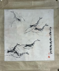 QI BAISHI HAND PAINTING GROUP OF SHRIMP MOUNTED PAPER