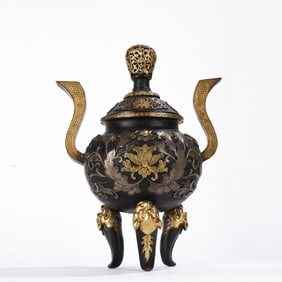 QING DYNASTY, GILDED COPPER THREE-LEGGED DOUBLE-EARED INCENSE BURNER