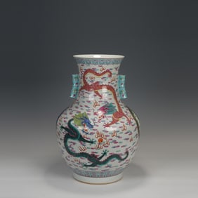 PINK ENAMEL CLOUD DRAGON PATTERN GUAN EAR VASE