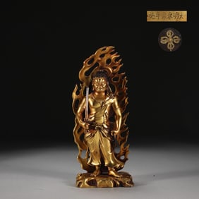 MING FINE CAST GILT BRONZE IMMOVABLE MING KING STATUE, WEIGHS 850 GRAMS