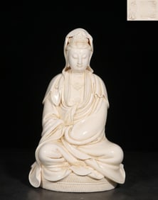DEHUA, HE CHAOZONG STYLE LARD-WHITE DEHUA WHITE PORCELAIN SITTING GUANYIN STATUE