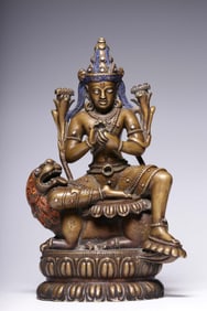 QING DYNASTY ALLOY COPPER INLAID SILVER MANJUSHRI STATUE