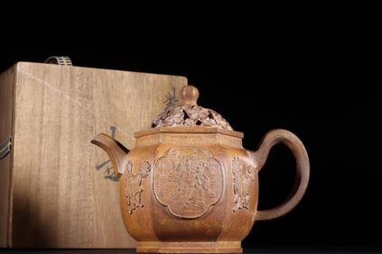 HEXAGONAL PALACE LAMP ZISHA TEAPOT WITH MARK OF JINGXI XU FEILONG QING DYNASTY