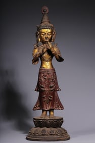 MADE IN COPPER LACQUER AND GOLD MINE PAINTED GUANYIN STANDING STATUE FROM THE MING DYNASTY OR